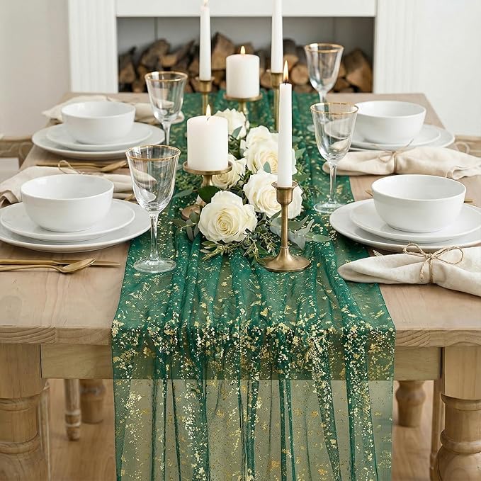 Artoid Mode Green Gold Gauze Table Runner 59x120 Inch 10FT, Glitter