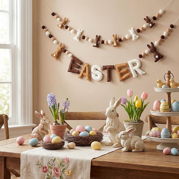 Breling 2 Pcs 6.5ft Easter Bunny Garland 3D Colorful Felt Happy