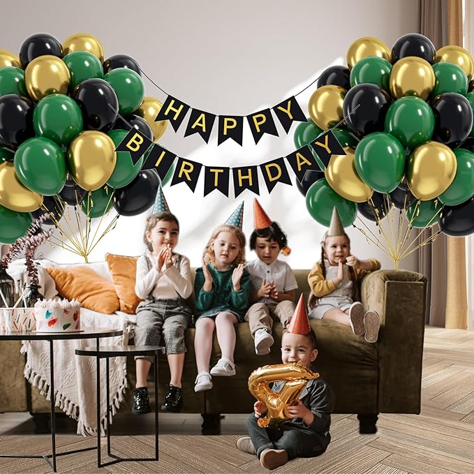 60pcs Green and Black balloons 12inch with Dark Green Metallic Gold