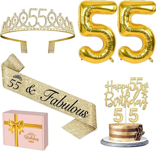 55th Birthday Decorations for Women Gold with 55th Birthday Sash and