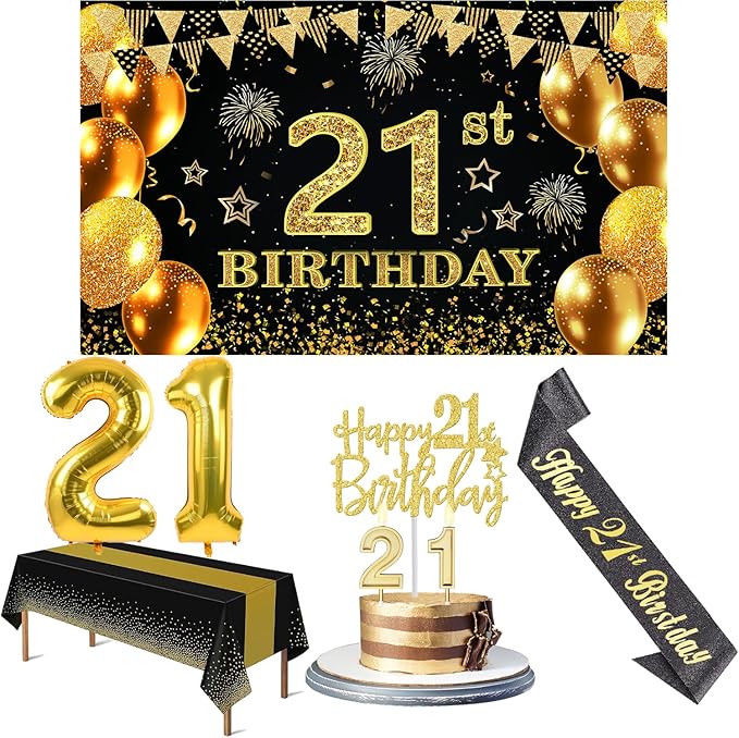 21st Birthday Decorations for Him Her with Banner Black and Gold