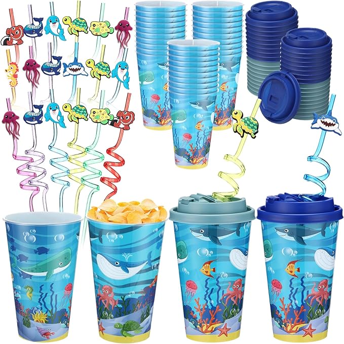 16 Sets Under the Sea Ocean Party Favors Goodie Cups with Lids and