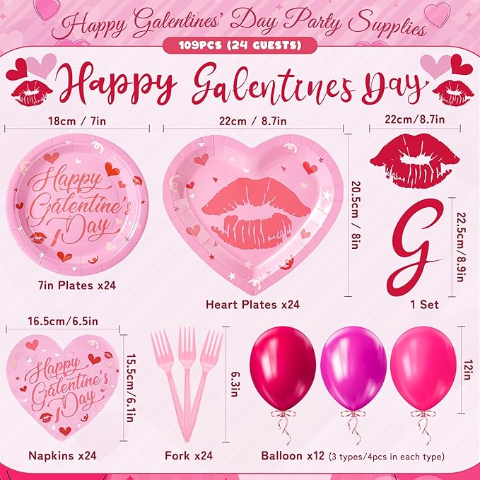 109PCS Happy Galentine's Day Party Supplies Pink Love Heart
