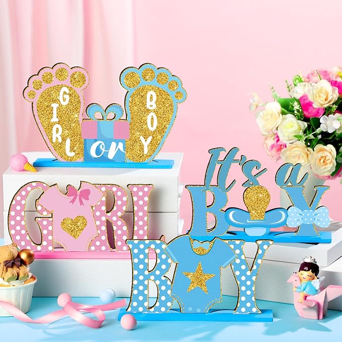 6 Pcs Baby Gender Reveal Table Wooden Decorations Blue and Pink