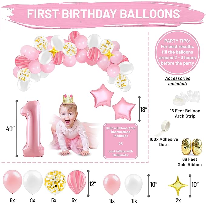 First Birthday Decorations for Girl 1st Baby Girl Number 1 Balloon