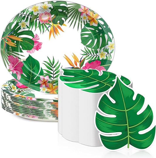 50PCS Hawaiian Luau Party Oval Paper Plates Green Leaf Shape Napkins