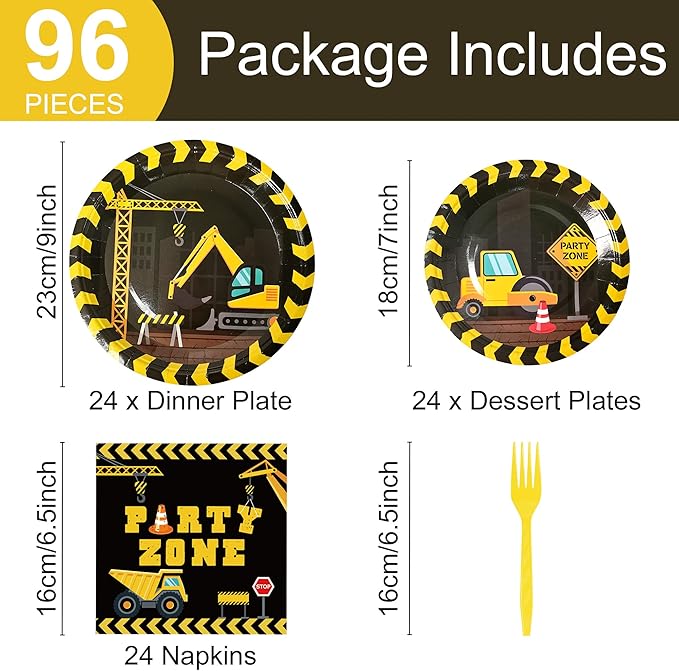 96pcs Construction Birthday Party Supplies Construction Theme Paper