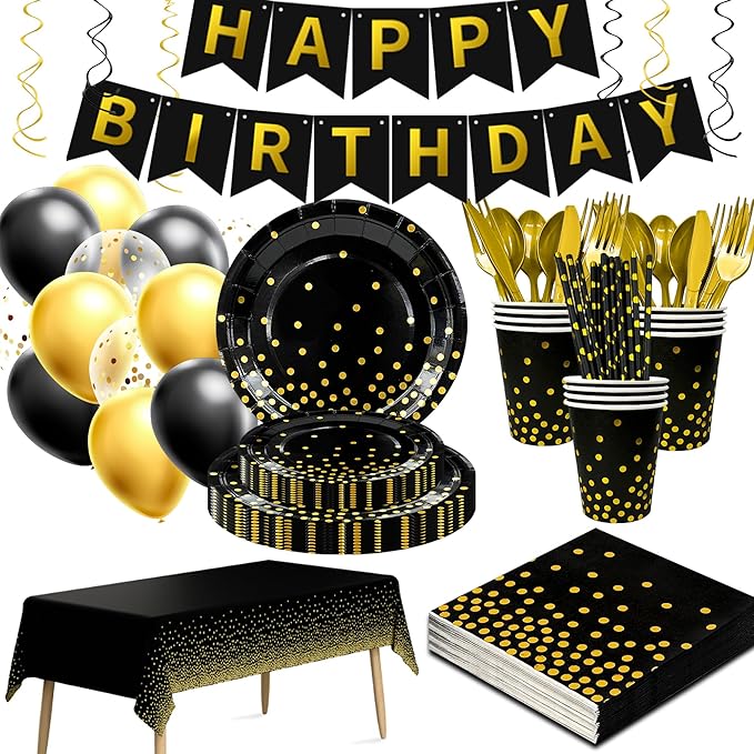 148 Pcs Black and Gold Party Decorations 16 Guests Black and Gold