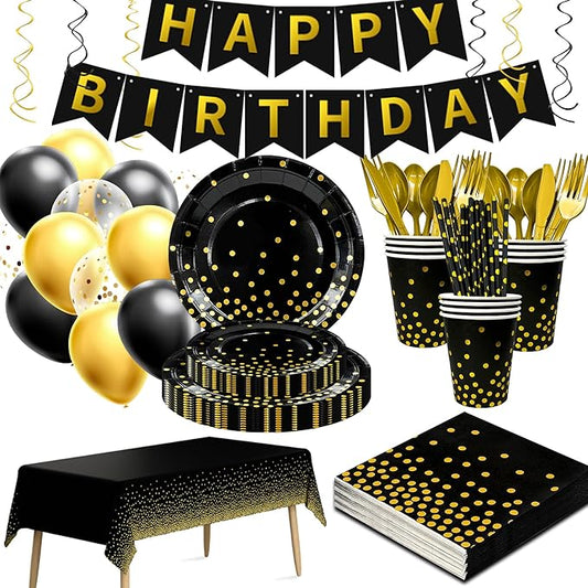 148 Pcs Black and Gold Party Decorations 16 Guests Black and Gold