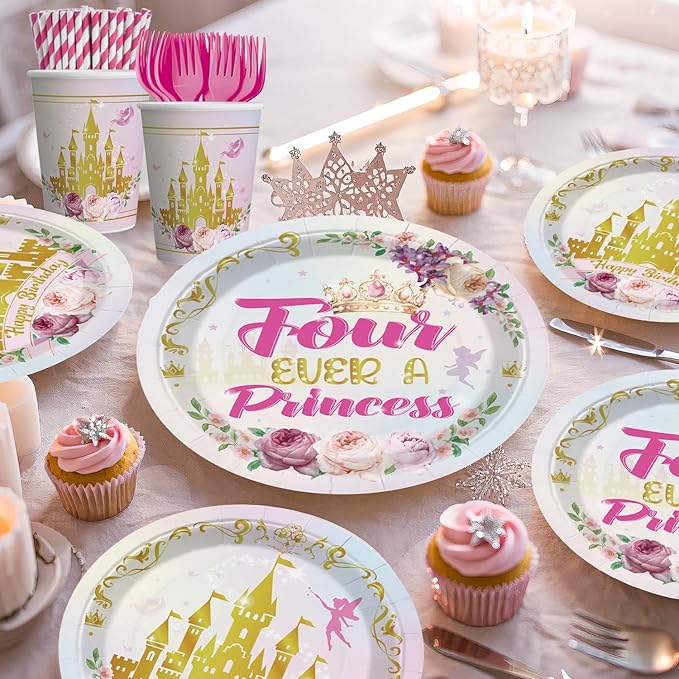 Xynic 201Pcs Four Ever a Princess Birthday Decorations Tableware Set
