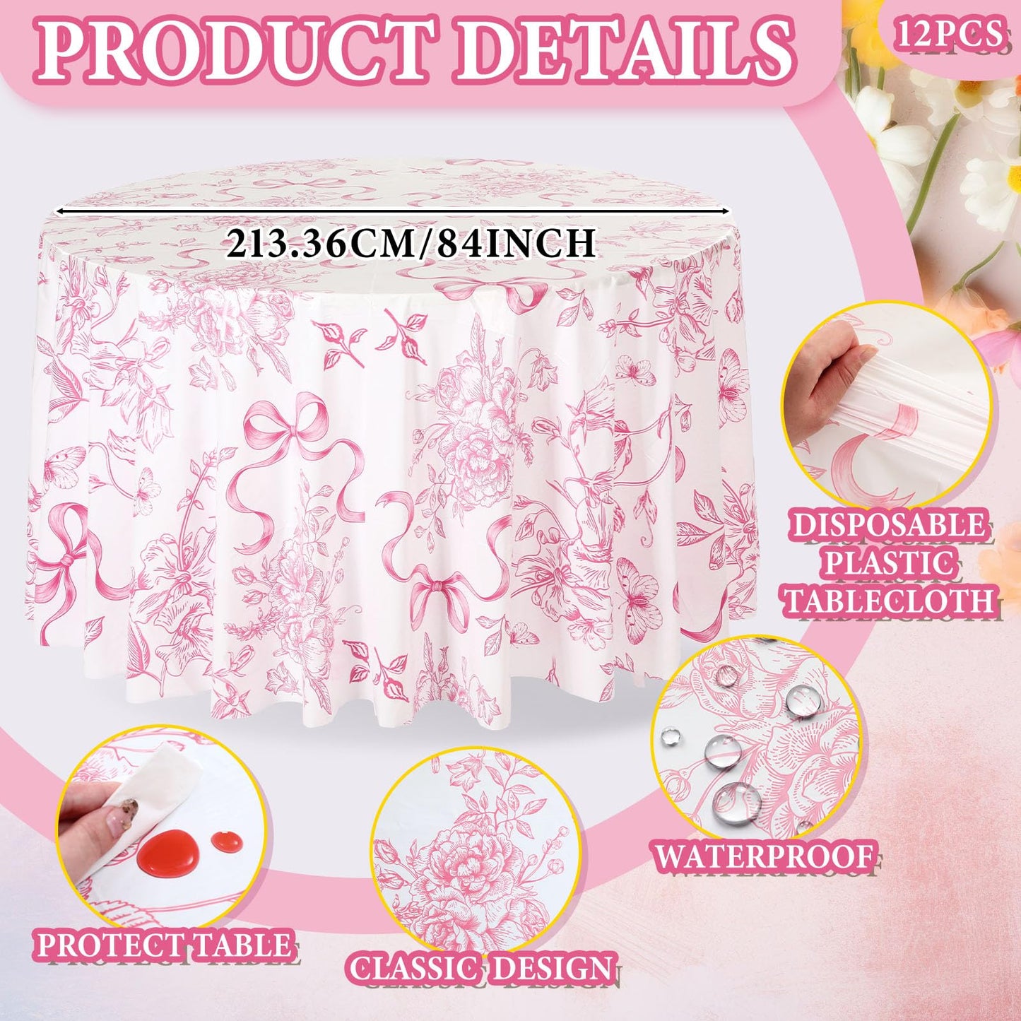 Ganeen 12 Pcs Pink Floral Bow Plastic Tablecloth Flower Round Vintage