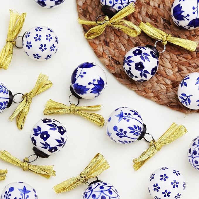 IndianShelf 24 Large Blue and White Ceramic Christmas Ornaments
