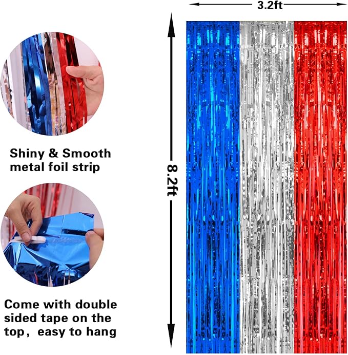 PIGETALE, 2 Pack 3.2 x 8.2 ft Red White and Blue Foil Fringe Backdrop