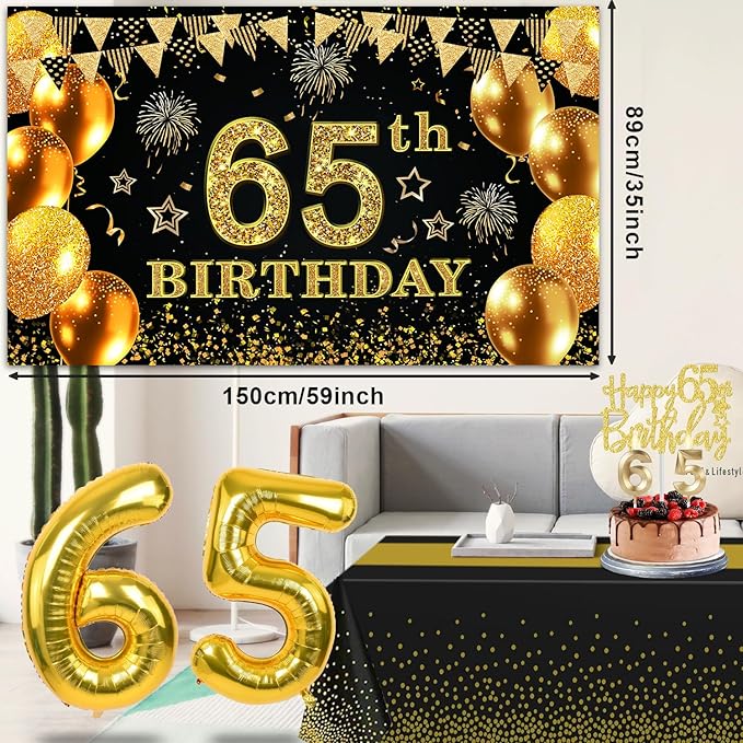 65th Birthday Decorations Men Women with 65th Birthday Banner Black
