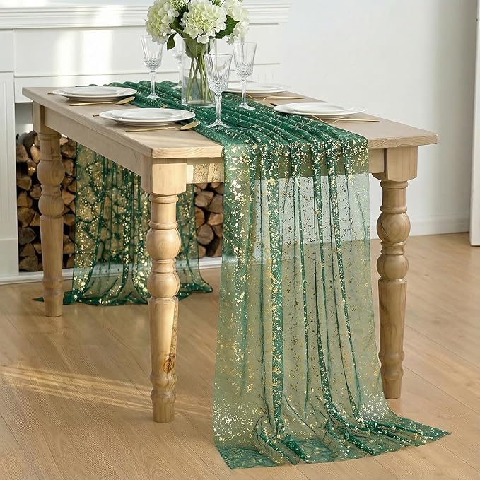 Artoid Mode Green Gold Gauze Table Runner 59x120 Inch 10FT, Glitter