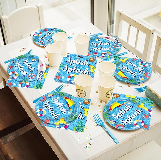 Splish Splash 96Pcs Bash Tableware Set Pool Party Plates Napkins