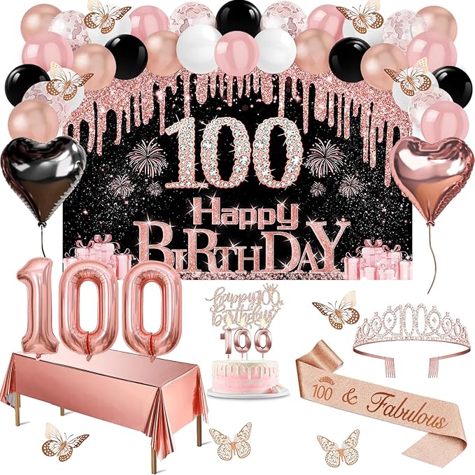 100th Birthday Decorations for Women 49pcs Black Rose Gold Black