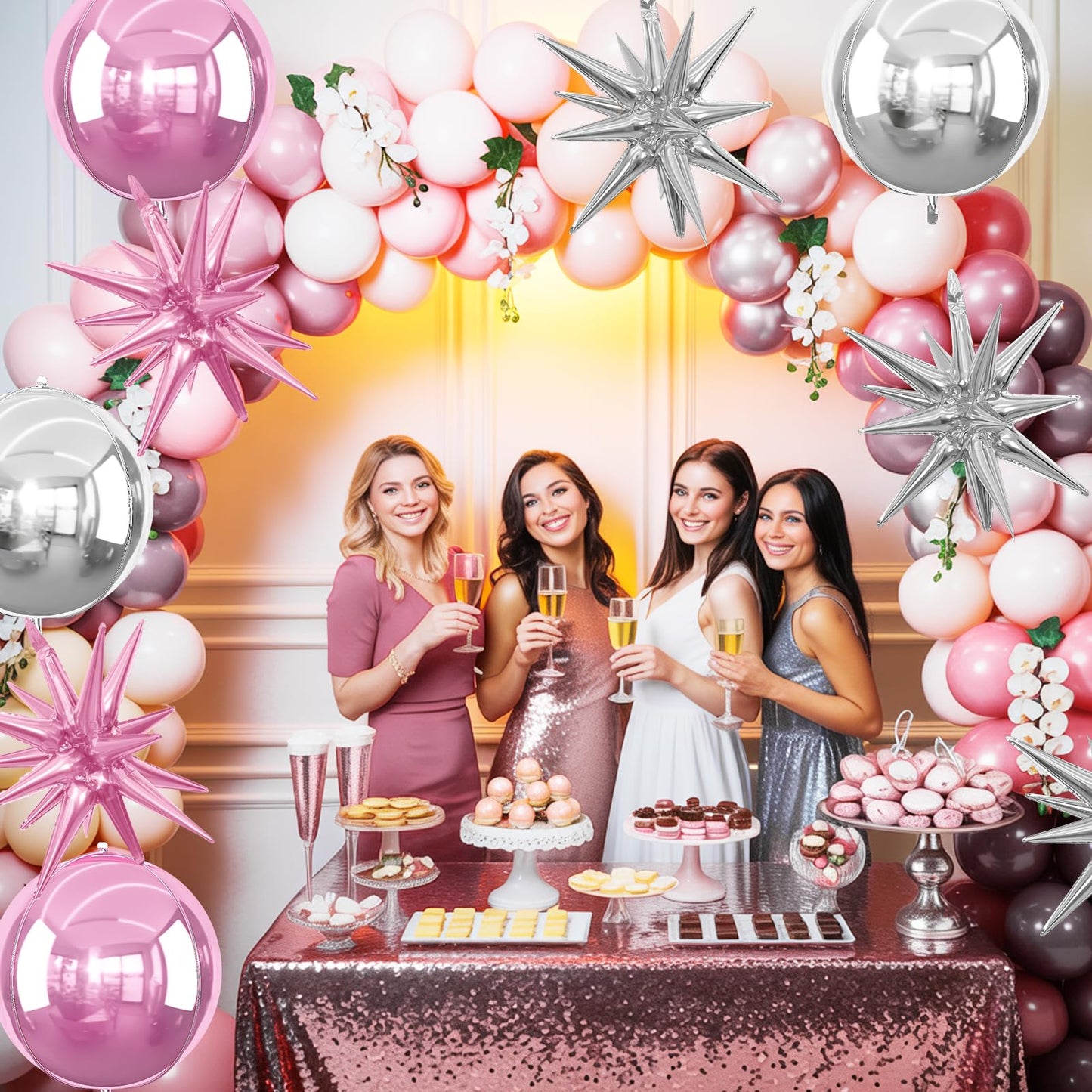 6Pcs Pink Silver Foil Balloons,22Inch Light Pink Silver 4D Round Ball