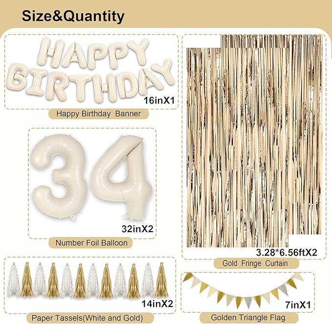 34th Birthday Decorations for Women, White and Gold 34 Boho Birthday