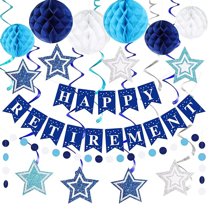 Happy Retirement Party Decorations for Men Women Blue Silver Happy