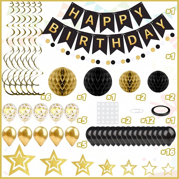 ZERODECO Black Gold Birthday Decorations, Easy to Assemble Happy