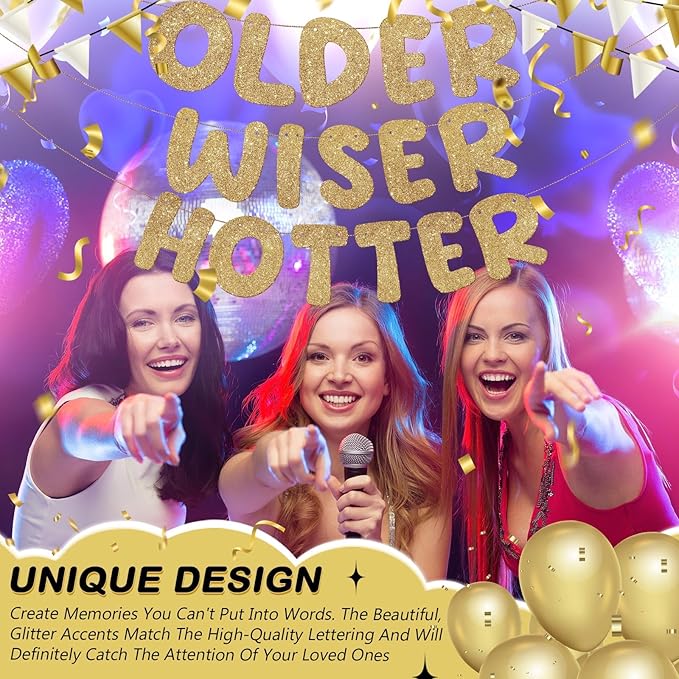 Fulmoon Set of 3 Pre Strung Older Wiser Hotter Glitter Banner Funny #1