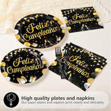 96Pcs Black and Gold Birthday Party Supplies Feliz Cumpleaños Gold