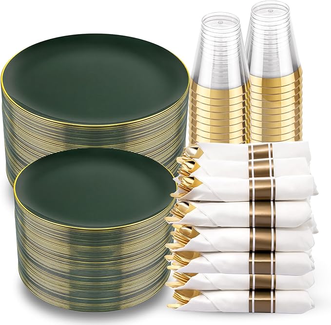 KIRE 350PCS Green Plates Disposable - Heavy Duty Green and Gold