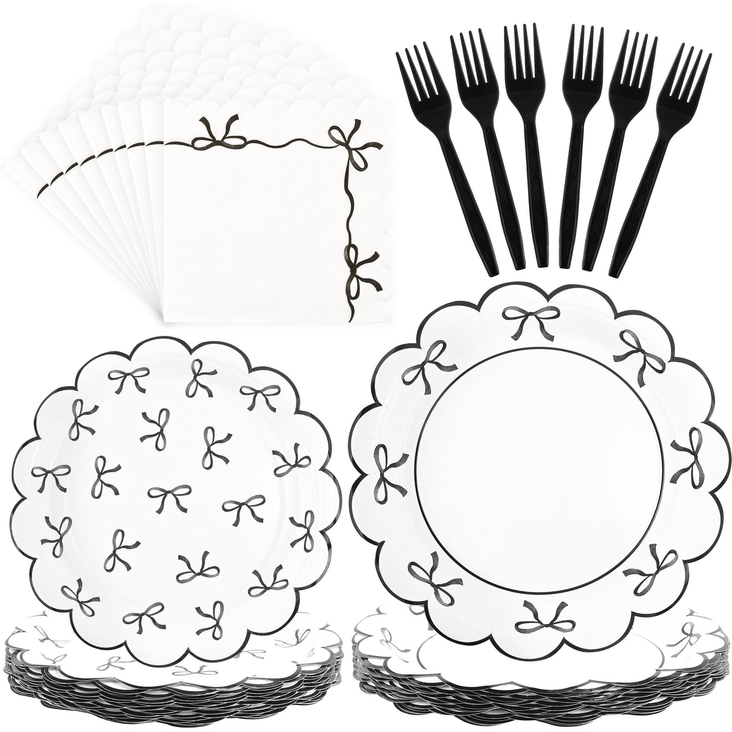 CANREVEL 96 PCS Black Bow Party Plates Serve 24, Bow Plates and