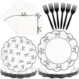 CANREVEL 96 PCS Black Bow Party Plates Serve 24, Bow Plates and