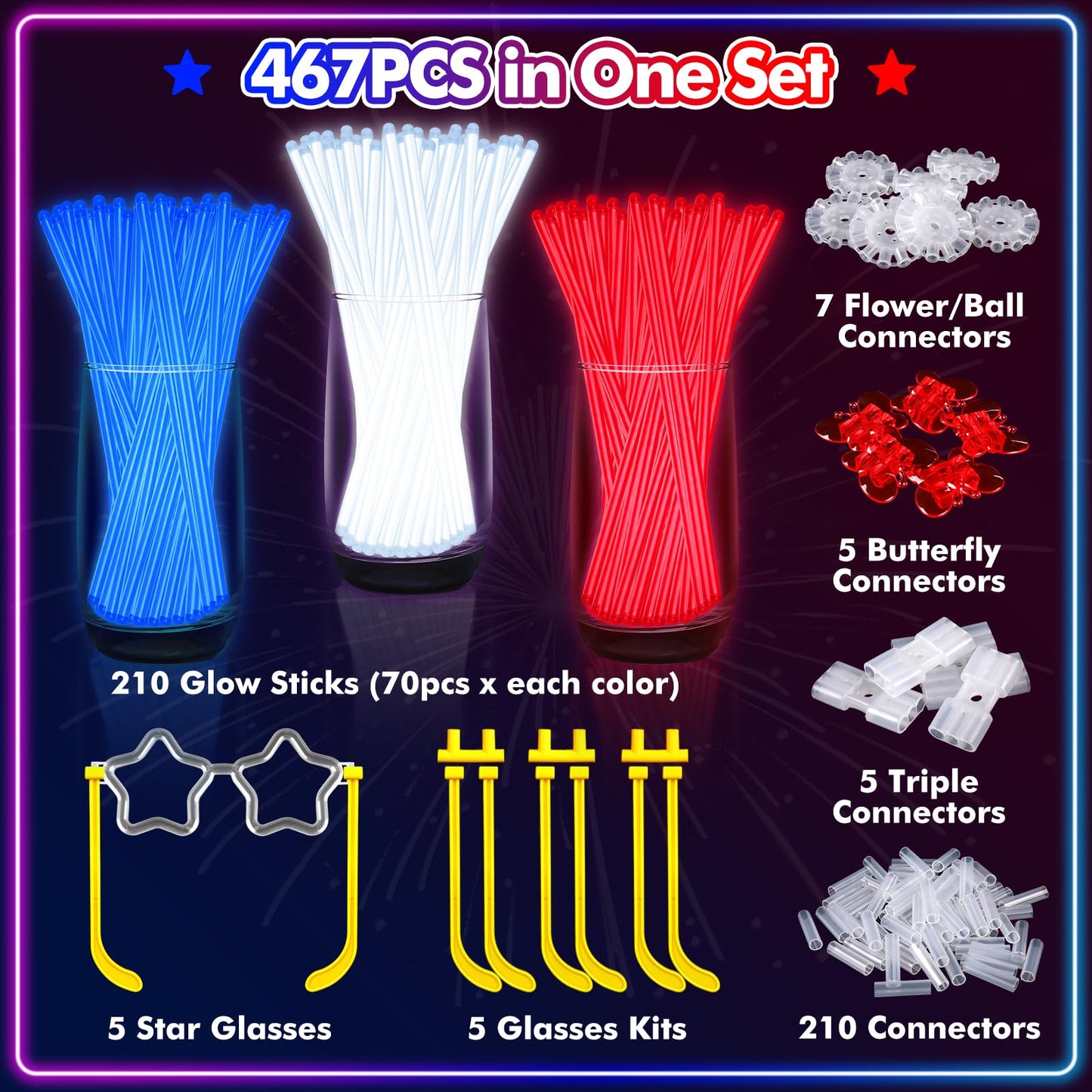 BUDI 467Pcs 4th of July Accessories Glow Sticks: Red White Blue Glow