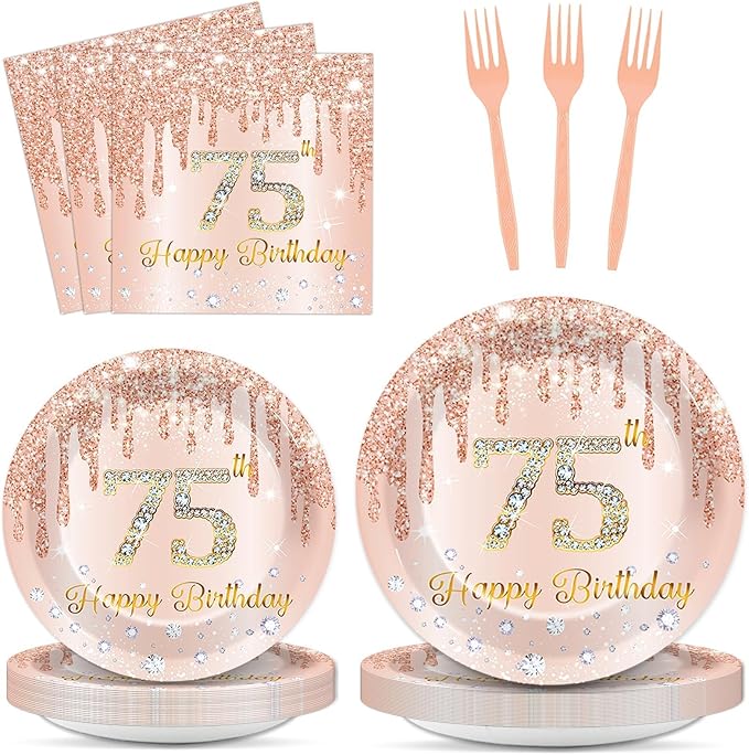 96 Pcs Rose Gold 75th Birthday Party Plates and Napkins for Girls