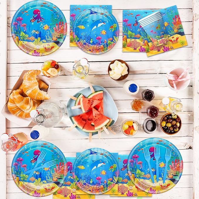 120 Pcs Under the Sea Party Decorations Ocean Birthday Party Plates