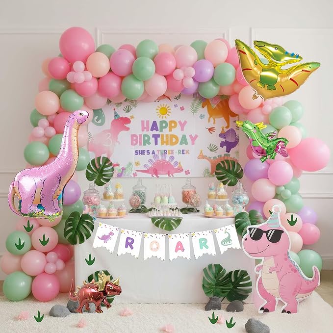 Three Rex 3rd Birthday Decorations with Pastel Pink Green Dinosaur