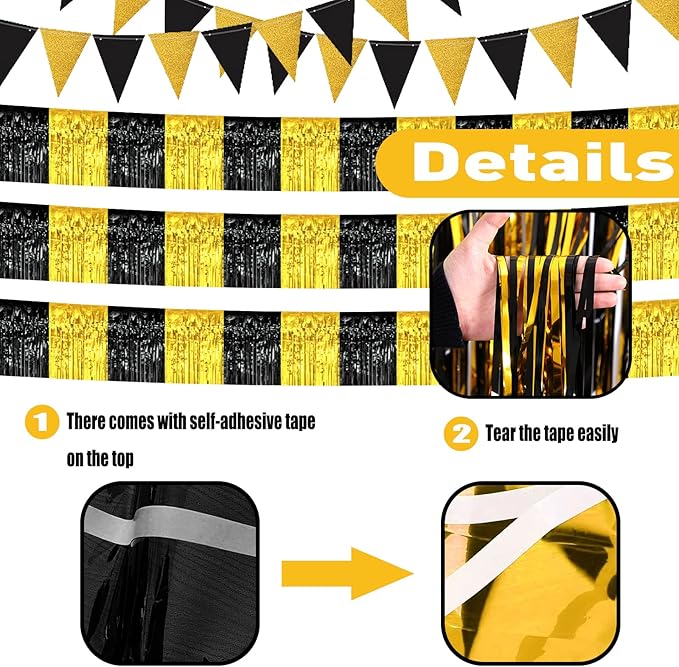6 Pack 10 Feet Black Gold Foil Fringe Garland Metallic Tinsel