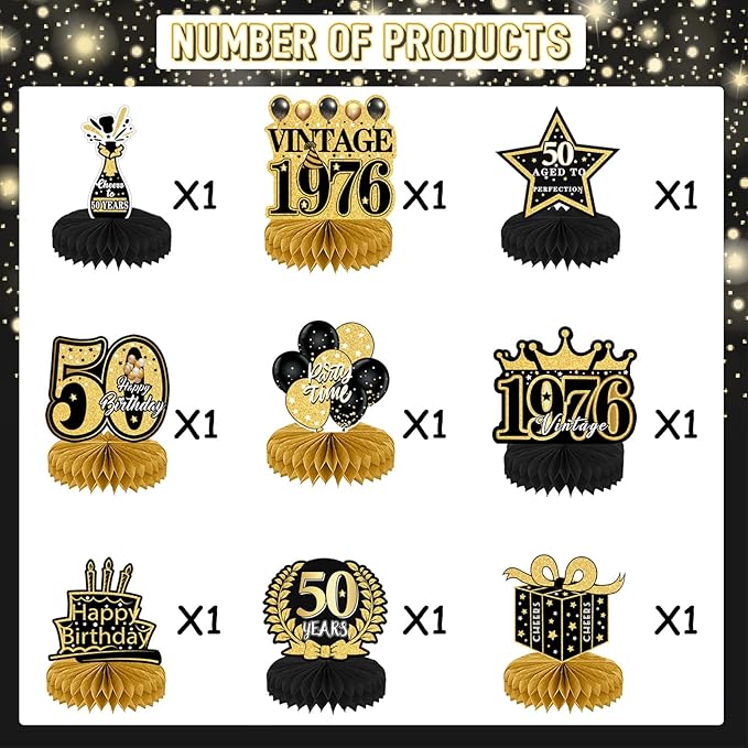 50th Birthday Decorations for Men - 9Pcs Black Gold 50th Birthday