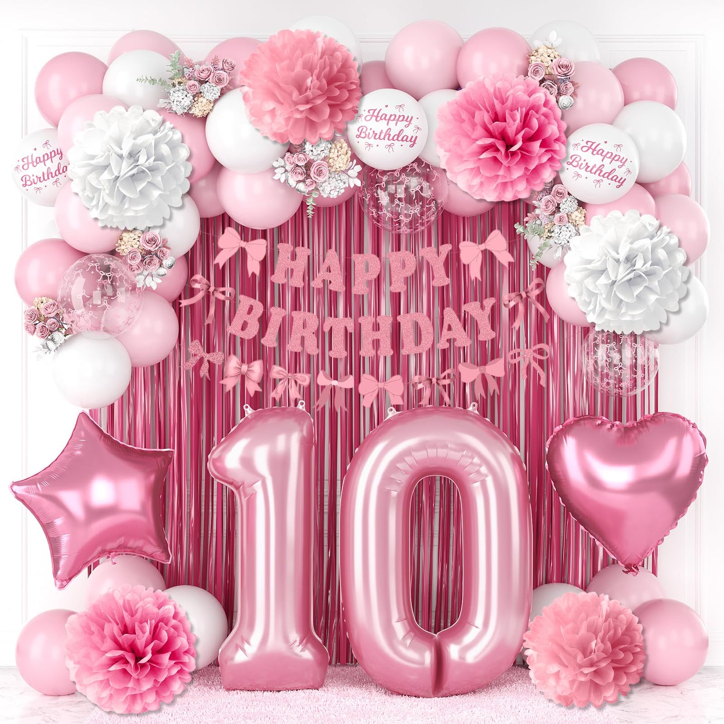 10th Birthday Decorations for Girls Pink Number 10 Balloon Bow