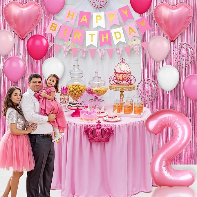 2nd Birthday Decorations for Girls Hot Pink Balloons with Happy