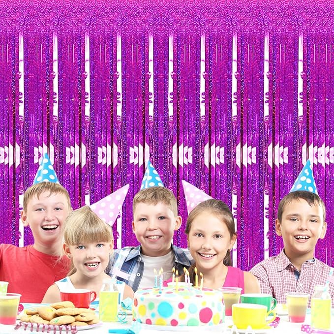 2 Pack 3.2ft x 8.2ft Hot Pink Metallic Tinsel Foil Fringe Curtains,