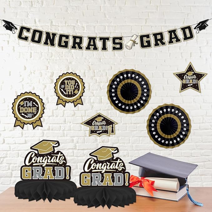 Black and Gold Themed 2026 Graduation Decorations Set Congrats Grad
