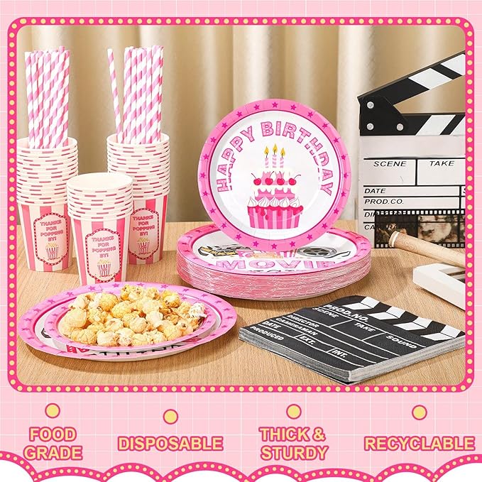 180 Pcs Pink Movie Night Party Supplies Happy Birthday Theme