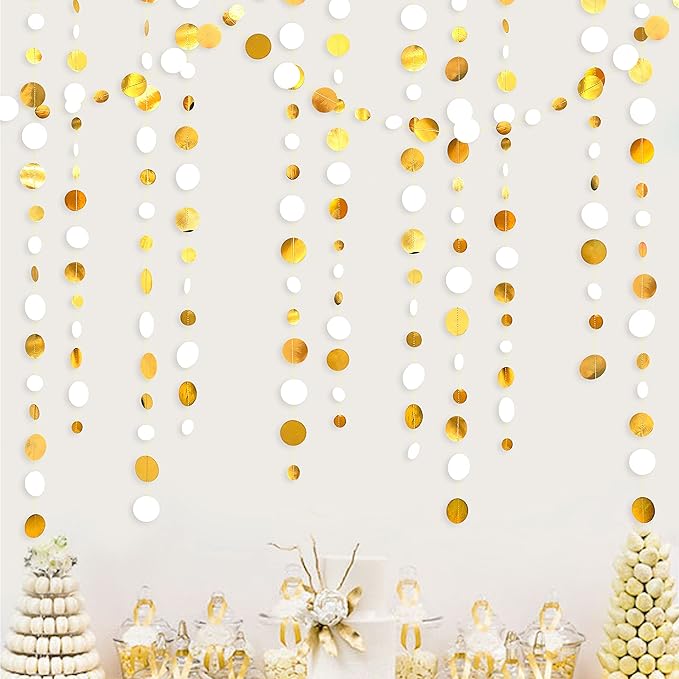 46 Feet White and Gold Circle Dots Garland Hanging Paper Polka Dots