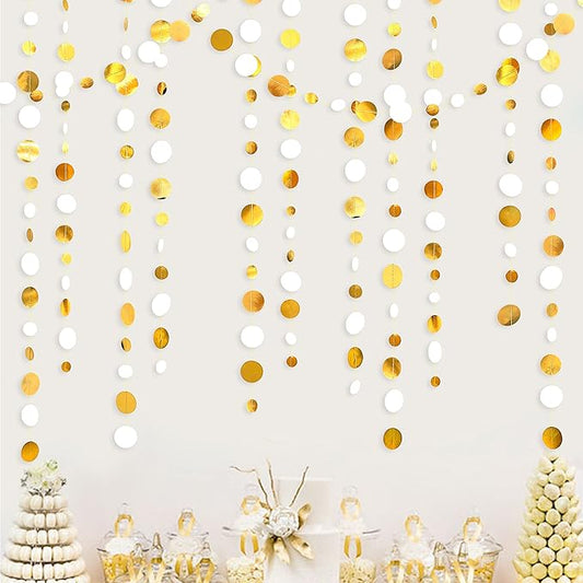 46 Feet White and Gold Circle Dots Garland Hanging Paper Polka Dots