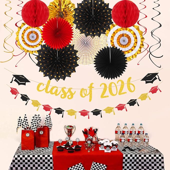 Red-Black Gold Party-Decorations Graduation Banner-Streamers - 18pcs K