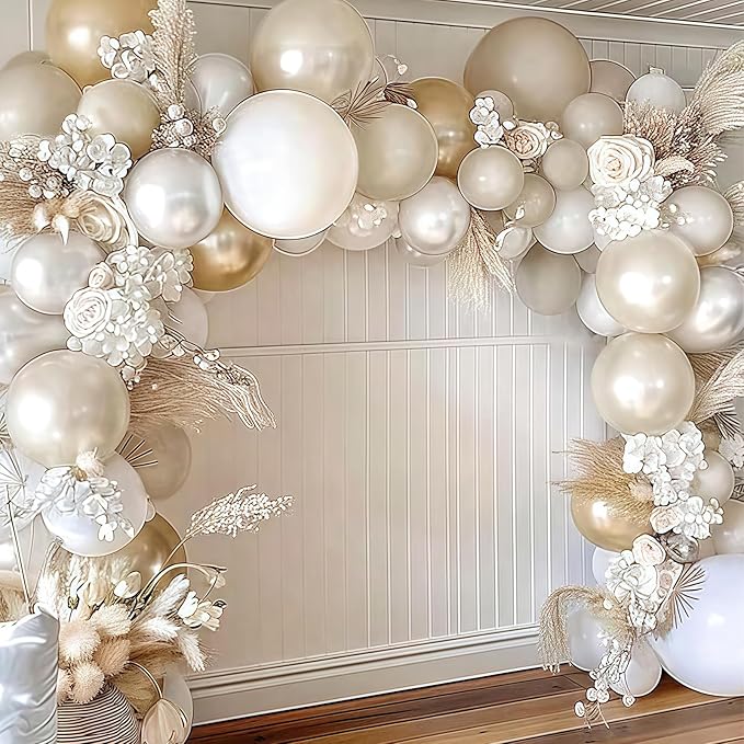 Champagne Gold and White Balloons, 12 Inch Double Stuffed Pearl White