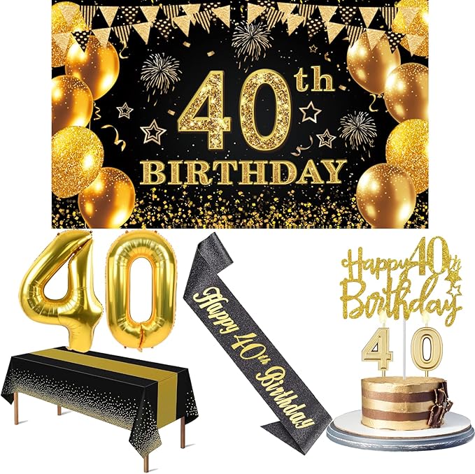 40th Birthday Decorations Men Women with 40th Birthday Banner Black