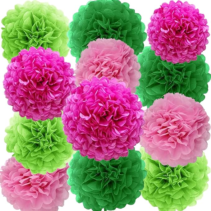 We Moment Pink and Green Tissue Paper Pom Poms，Hanging Pom Poms