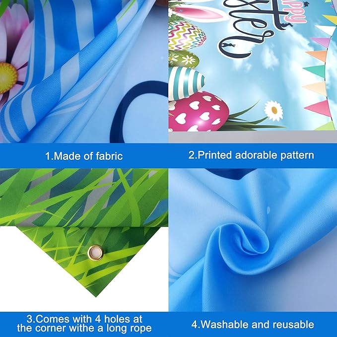 Large Happy Easter Banner 72x44 Inch Colorful Easter Eggs & Bunny
