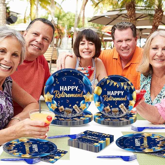 96 Pcs Retirement Party Supplies Paper Plates Napkins Blue Gold