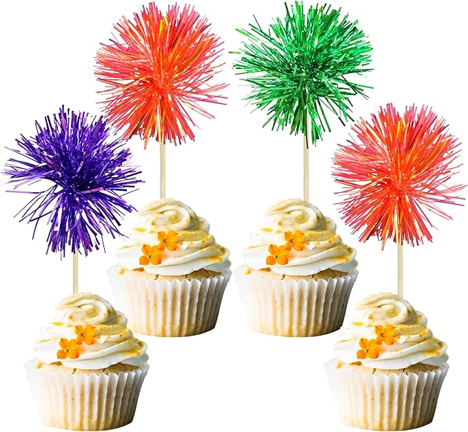 Gyufise 30Pcs Foil Firework Cupcake Toppers Sparkle Tinsel Cake #23
